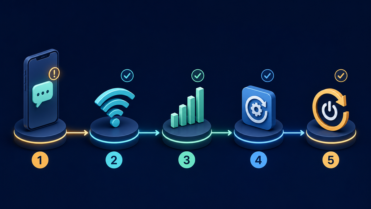 A five-step visual workflow for checking a failed message, Wi-Fi, cellular data, the app, and the device.